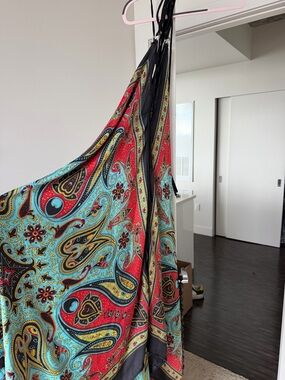 Vibrant Paisley Deep V Neck With Ties Midi Dress in Turquoise & Red